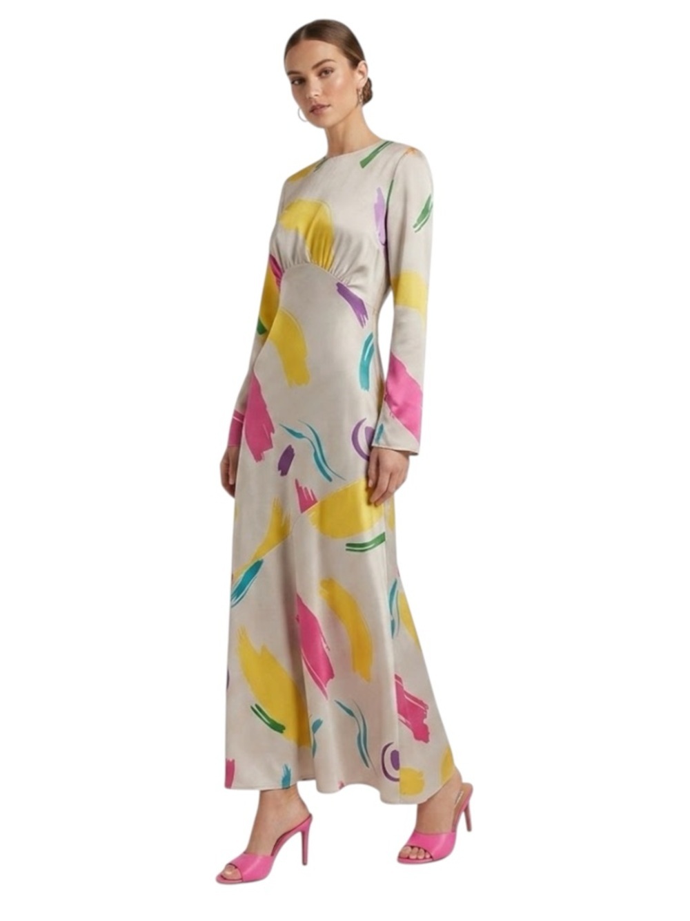 DASKA Multi-Color Abstract Satin Maxi Dress Size M. Wedding Guest